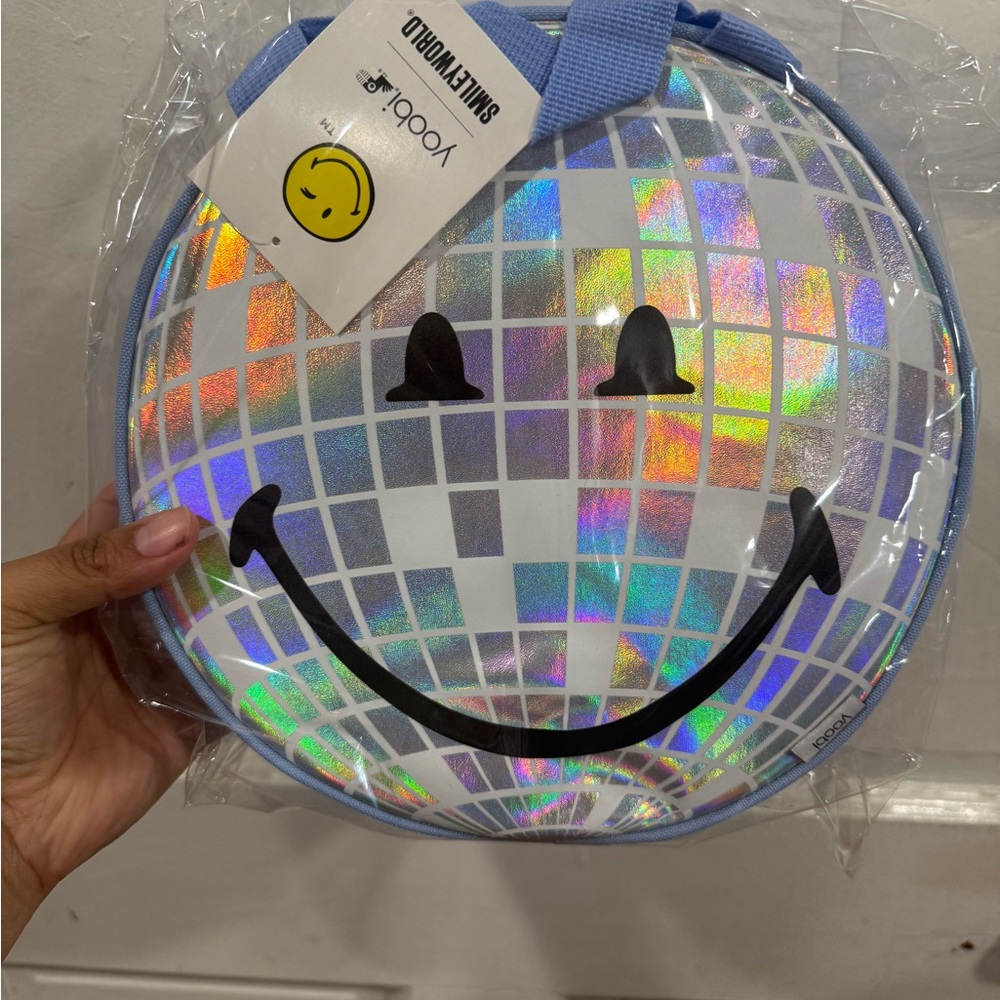 Yoobi Holographic Silver Smiley Carry Bag with Light Blue Trim
